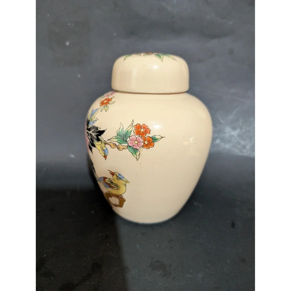 Shibata Japan Porcelain Ginger Jar Lidded Urn Floral Bird Cream Vintage 6 Inch